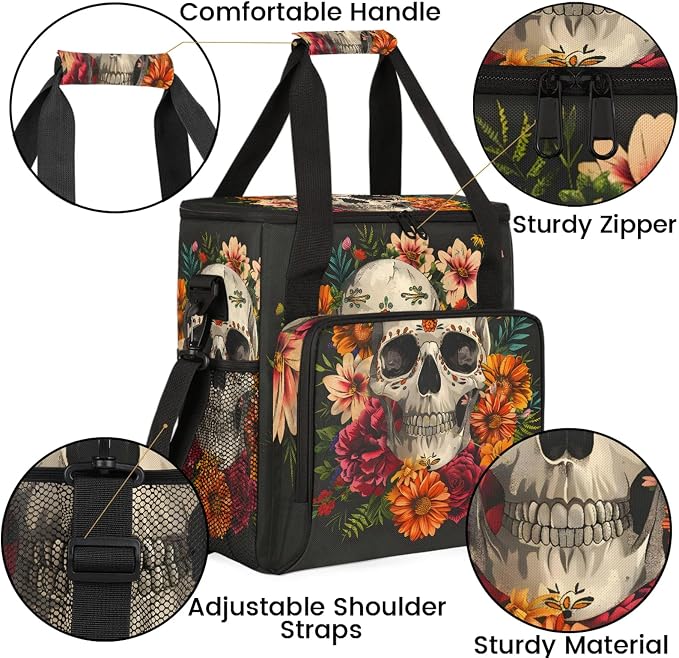 Sugar Flower Skull Floral Gothic Coffee Maker Carring Bag, Large Insulated - Image 6