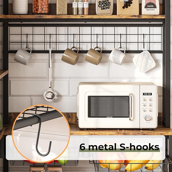 IRONCK Corner Bakers Rack with Power Outlet, Coffee Bar 6 Tier with Storage - Image 7