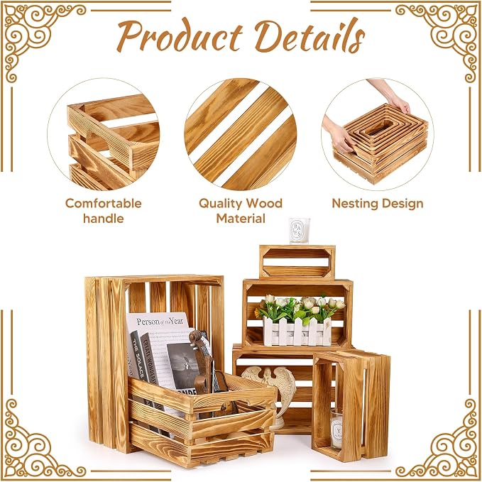BOBOKA Set of 6 Decorative Wood Crates Nesting Storage Container, 6 Size - Image 3