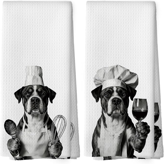 Boxer Kitchen Towels Set of 2, Dog Kitchen Accessories, Bar Decor, Dog Chef by Mcehtle