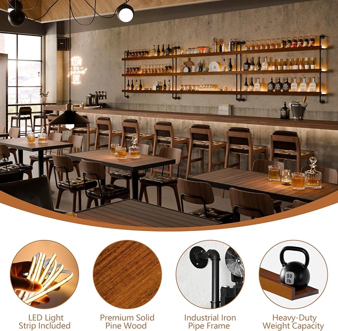 Wall Mounted Wine Rack with LED Light, LED Industrial Pipe Wine Shelf, 3-Tier - Image 3