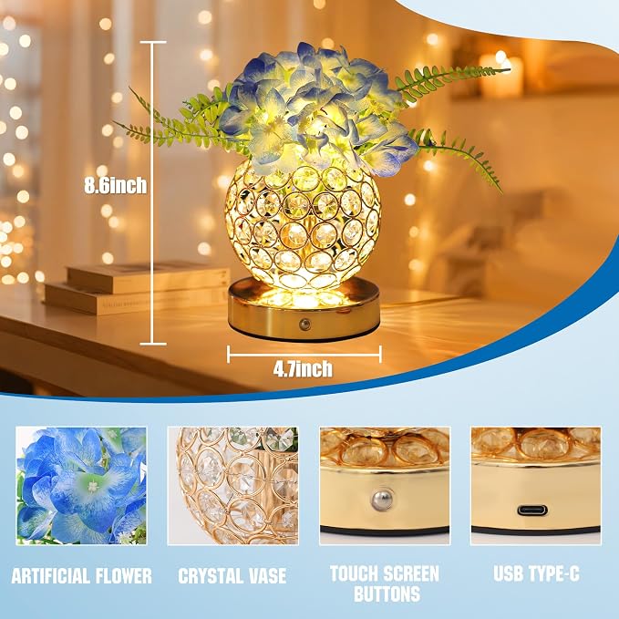 Blue Artificial Hydrangea Flower Lamp, 3 Color Dimmable Touch Control Night - Image 6