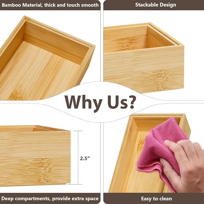 Kitchen Drawer Organizer Bins, Stackable Bamboo Deep Drawer Organizer - Image 5