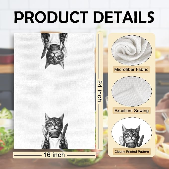 Funny Chef Cat Kitchen Towels Set of 2, Cat Mom Lady Lovers Owner Gifts - Image 6