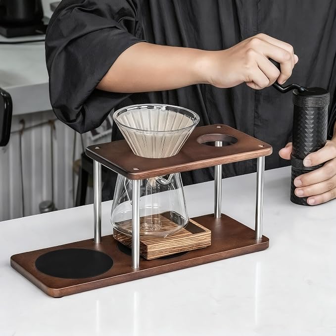 Pour Over Coffee Station Solid Sapele Wood & Stainless Steel Dual Dripper Stand - Image 3