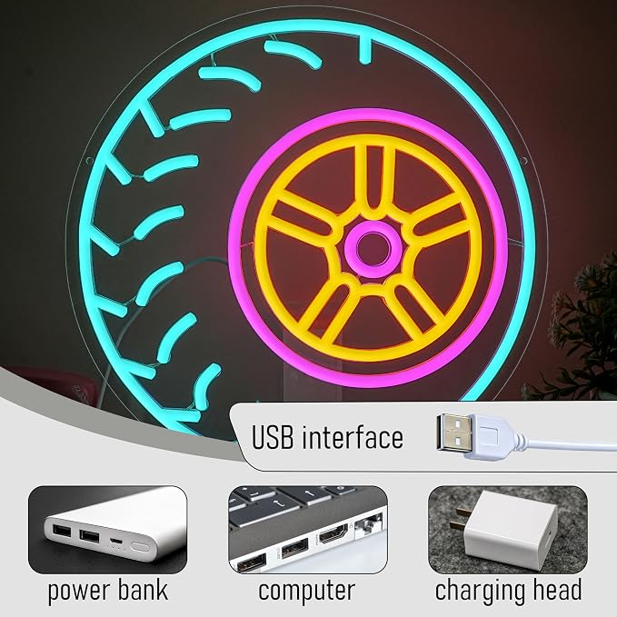 Automobile Tire Neon Sign USB Powered Wheel Neon Light Garage Tire Light Up Sign - Image 4