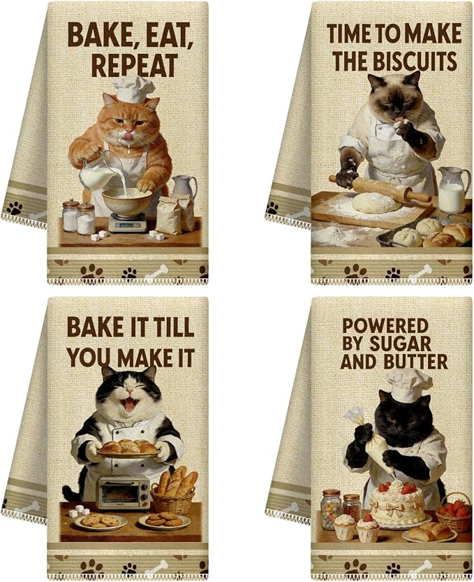 CUTHOLLOW Baking and Cats Decorative Kitchen Towels Set of 4, 25.98"x17.72" by CUTHOLLOW