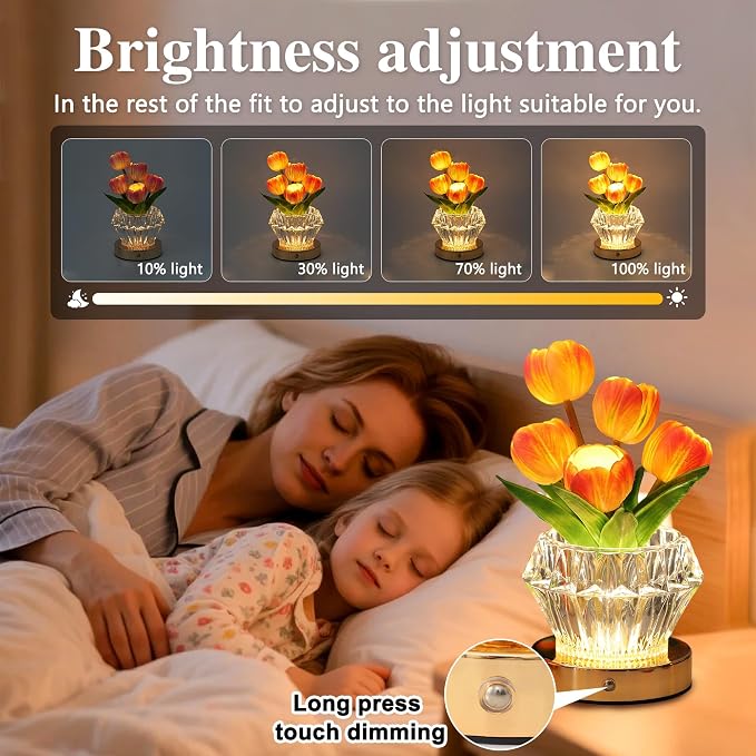 Tulip Flower Lamp with Diamond Vase, 3 Color LED Night Light, Dimmable Touch - Image 3