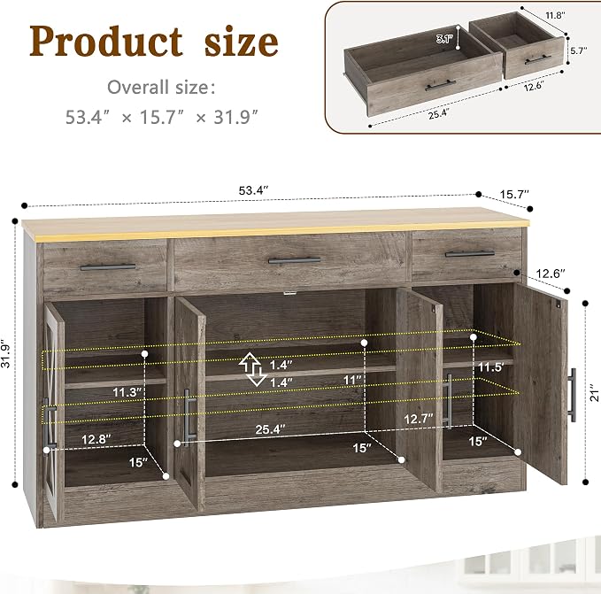 Vongrasig Buffet Cabinet with Drawers, 53” Large Sideboard Buffet Kitchen - Image 2
