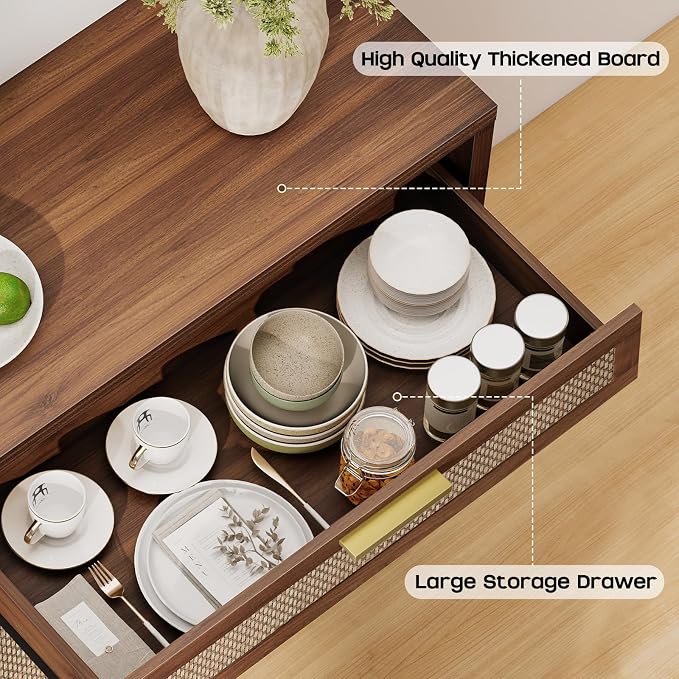 Rattan Buffet Cabinet with Storage, Sideboard Cabinet with Doors and Shelves - Image 4