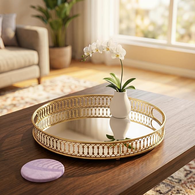 Yikinip12 Inch Round Glass and Gold Round Tray Set of 2，Dinner Plate Perfume - Image 5