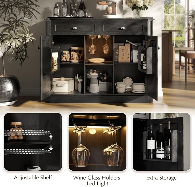 47" Wine Bar Cabinet with LED Light & Power Outlets, 2 Door Coffee Bar Cabinet - Image 7