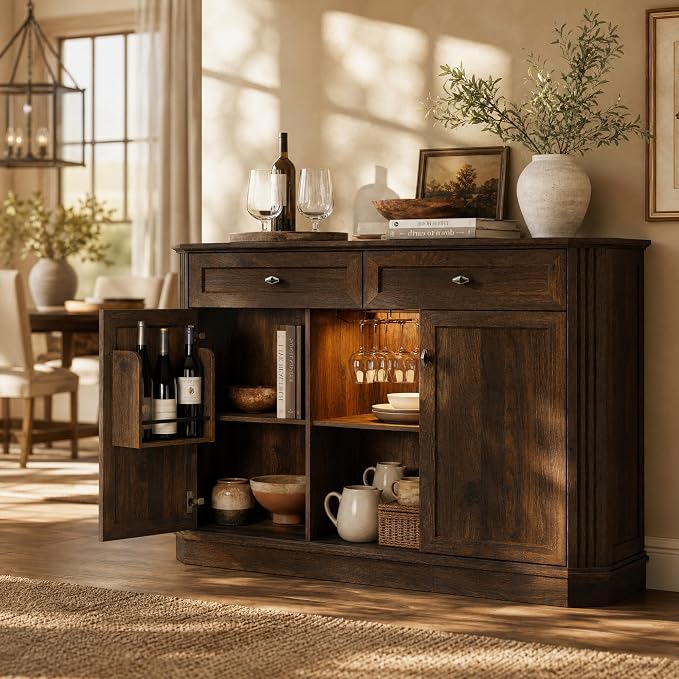 Walnut Coffee Bar with 2 Drawers & 2 Doors, LED Wine Bar Cabinet with Wine - Image 5