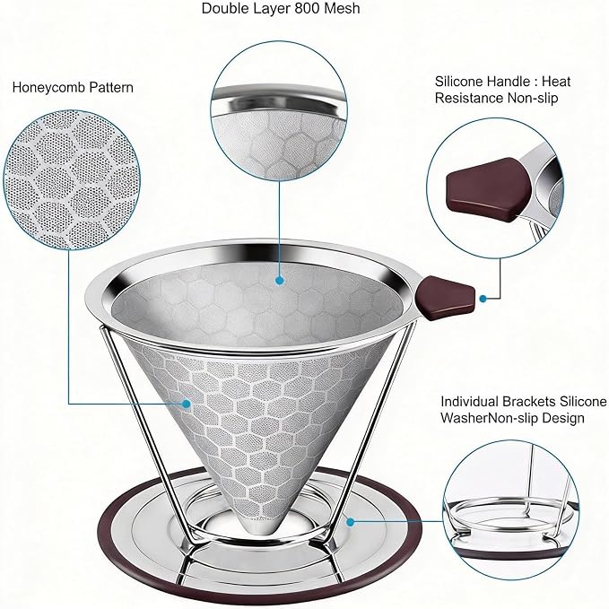 Vikuces®800 Mesh Reusable Pour Over Coffee Dripper, Metal Stainless Steel - Image 3