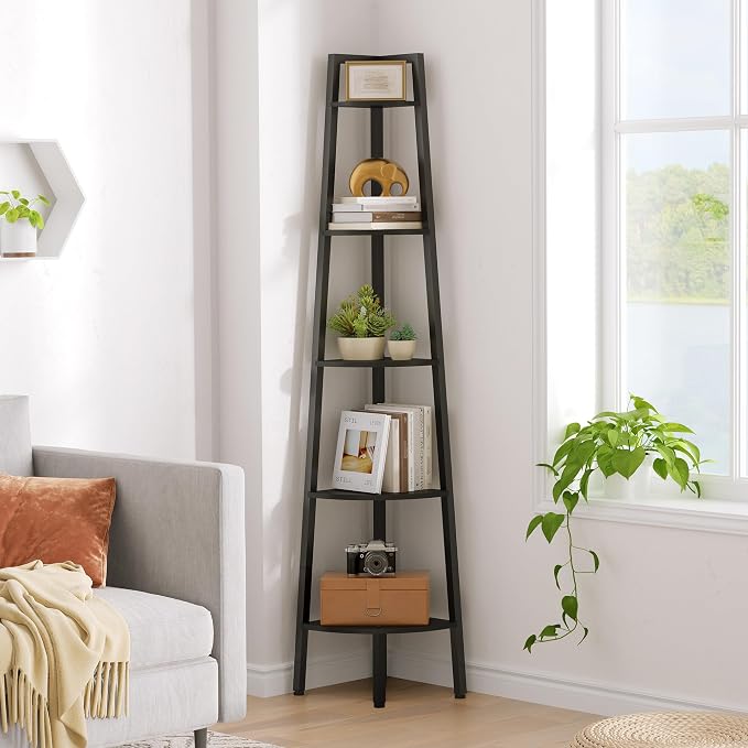 Hoctieon Corner Shelf, 5-Tier Corner Bookshelf, Rustic Ladder Shelf, Industrial by Hoctieon