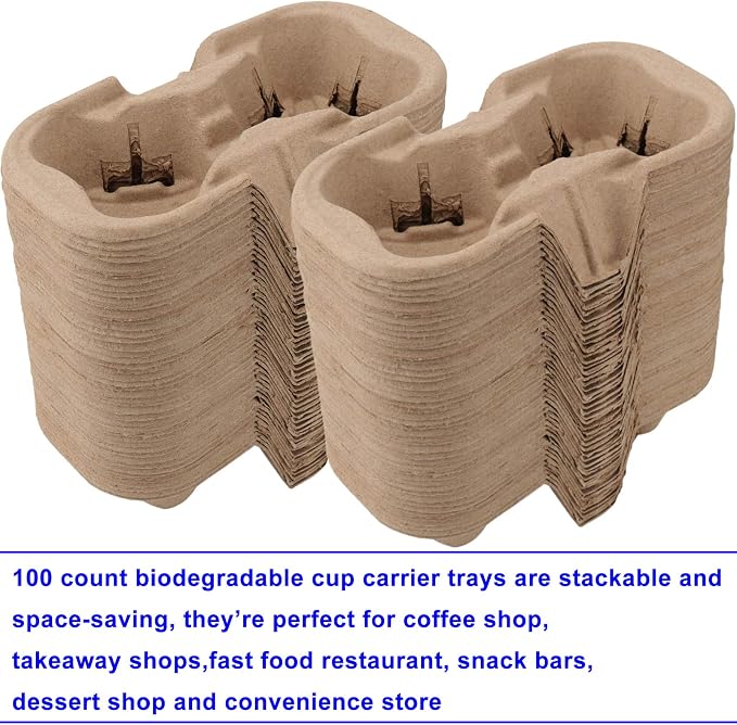 2 Cup Pulp Fiber Drink Carrier, 100 Pack Biodegradable Disposable Take-Out Cup - Image 5