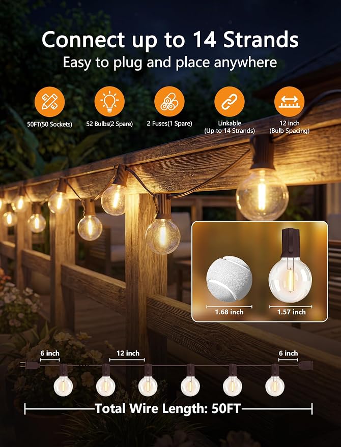 50FT Brown Outdoor String Lights, Shatterproof LED Globe Edison String Lights - Image 2