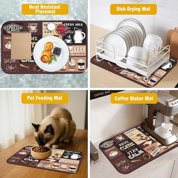 Retro Coffee Pattern Drying Mat 12" x 19", Non-Slip Absorbent Quick-Dry Mat - Image 4