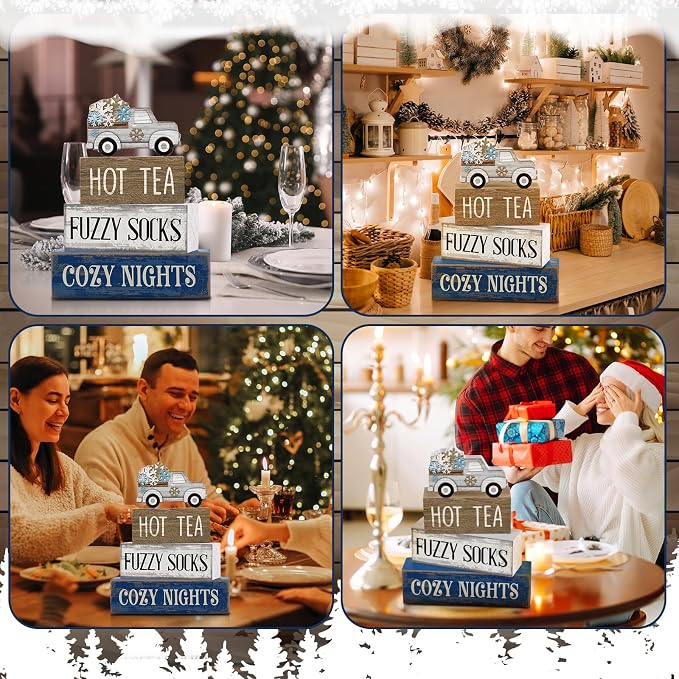 Lineshading 4 Pcs Winter Table Decorations Wooden Snowflake Truck Winter Tiered - Image 5
