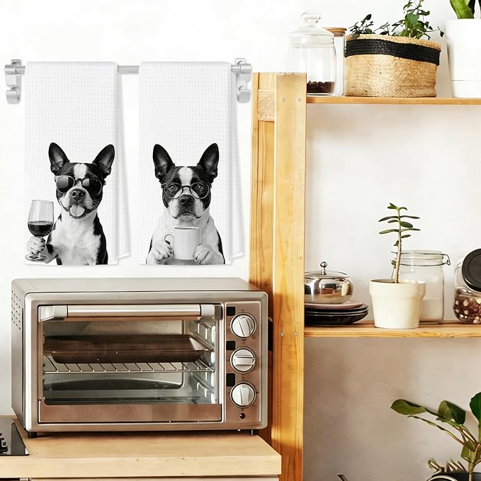Funny Boston Terrier Kitchen Towels Set of 2, Dog Kitchen Bar Accessories - Image 3