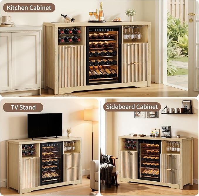 Coffee Bar Cabinet with Fridge Space, Wood Buffet Sideboard Table, Fluted - Image 6