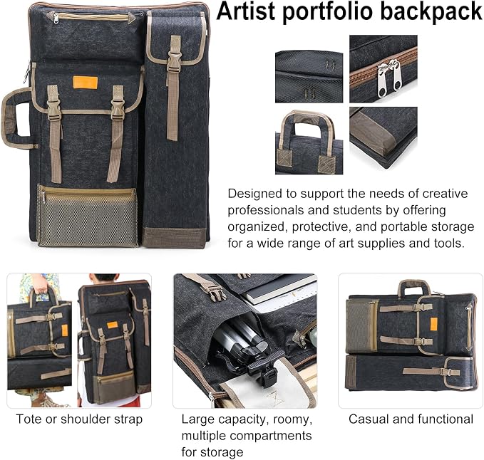 TRANSON Art Portfolio Case Artist Backpack Canvas Bag Large 26” x 19.5” - Image 2