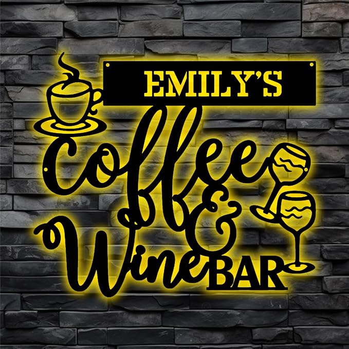 Personalized Coffee & Wine Bar Metal Wall Art, Art Deco Style, LED Lights by HAQCO-Ourproductsaredesignedtogobeyondordinarydecorativeitemsprovidingacaptivatingvisualexperienceandelevatingtheoverallbeautyofyourroom