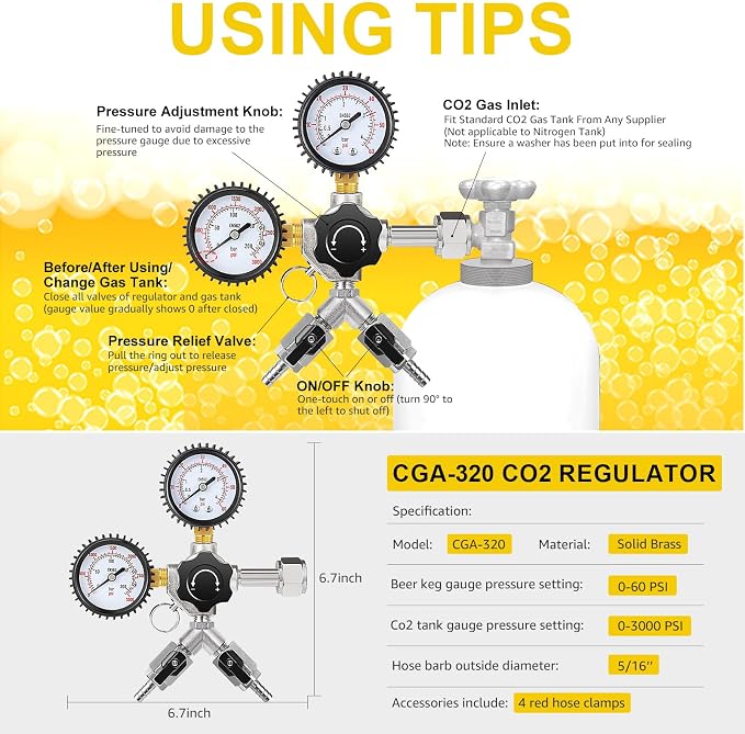 Dual Output CO2 Regulator for Kegerator 0-60psi Beer Keg Regulator 0-3000psi - Image 4
