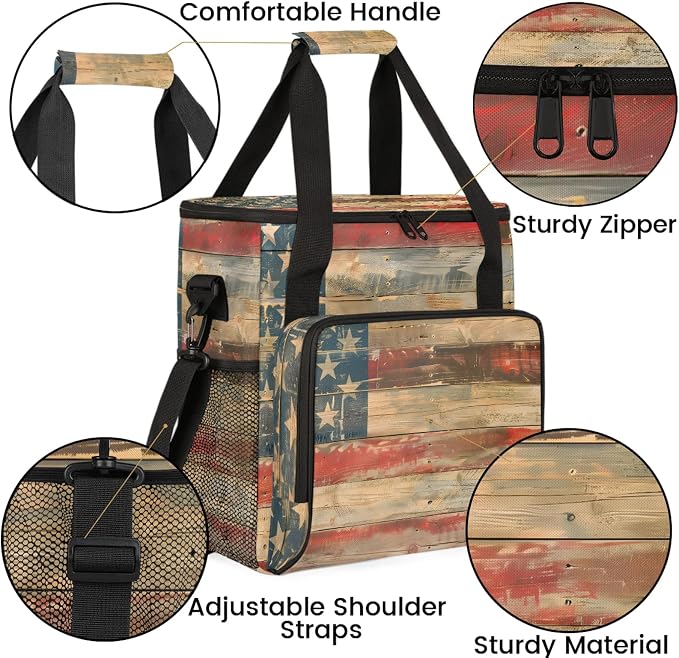 Vintage American Flag Wood Coffee Maker Carring Bag, Large Insulated Storage - Image 6