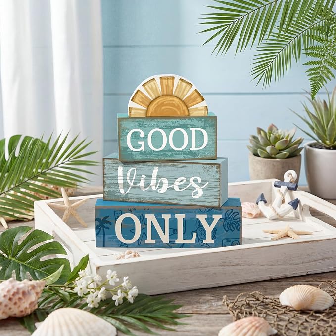 Lineshading 4 Pcs Beach Themed Table Decor Good Vibes Only Wood Block Sign - Image 2