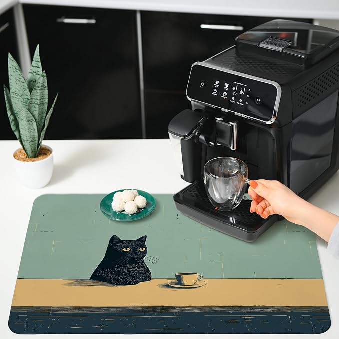 Black Cat Dish Drying Mat, Cat Lover Gifts, Vintage Cats Drinking Coffee Black - Image 4