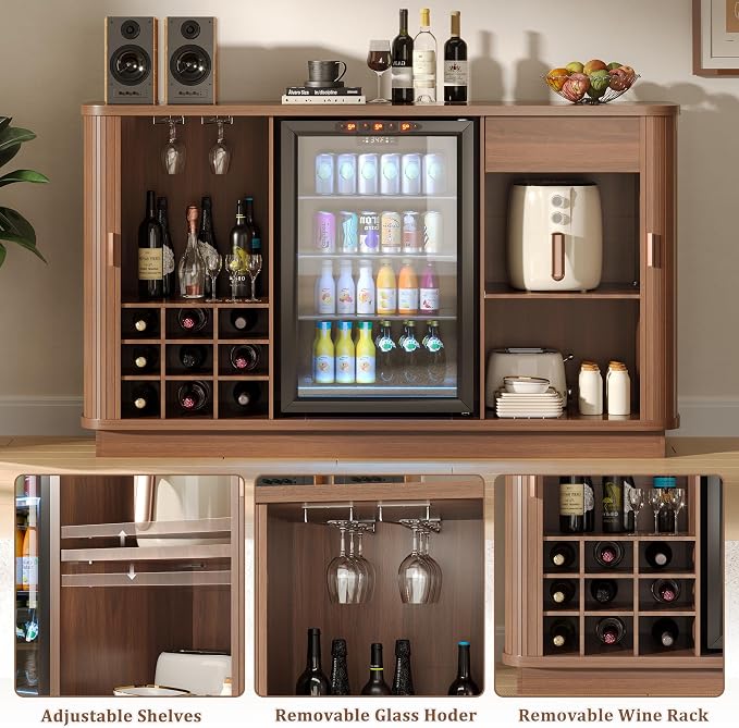 Coffee Bar Cabinet with Fridge Space, Liquor Wine Bar Cabinets with Wine Rack - Image 3
