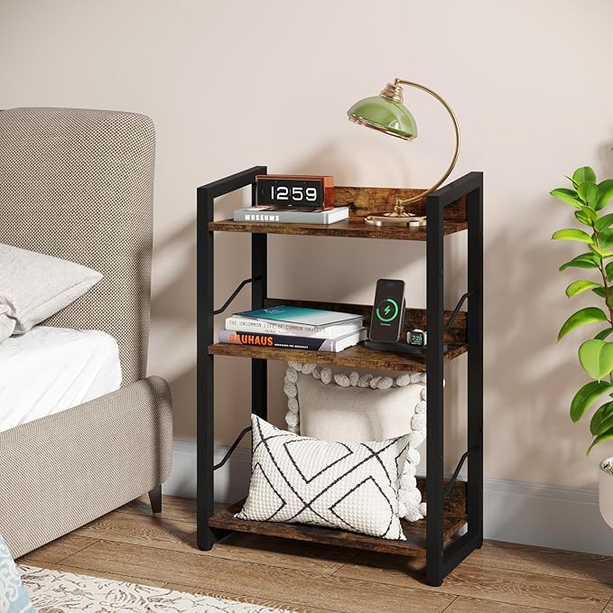 Hosfais Book Shelf Small Bookshelf: 3-Tier Wood Bookcase Industrial Bookshelf - Image 2