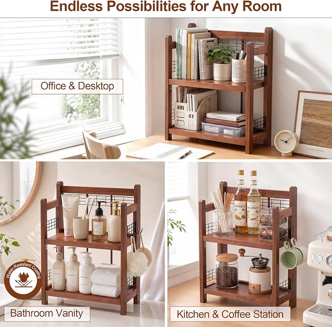 No-Assembly Coffee Bar Organizer, 2-Tier Coffee Station Shelf | Foldable Oak - Image 8
