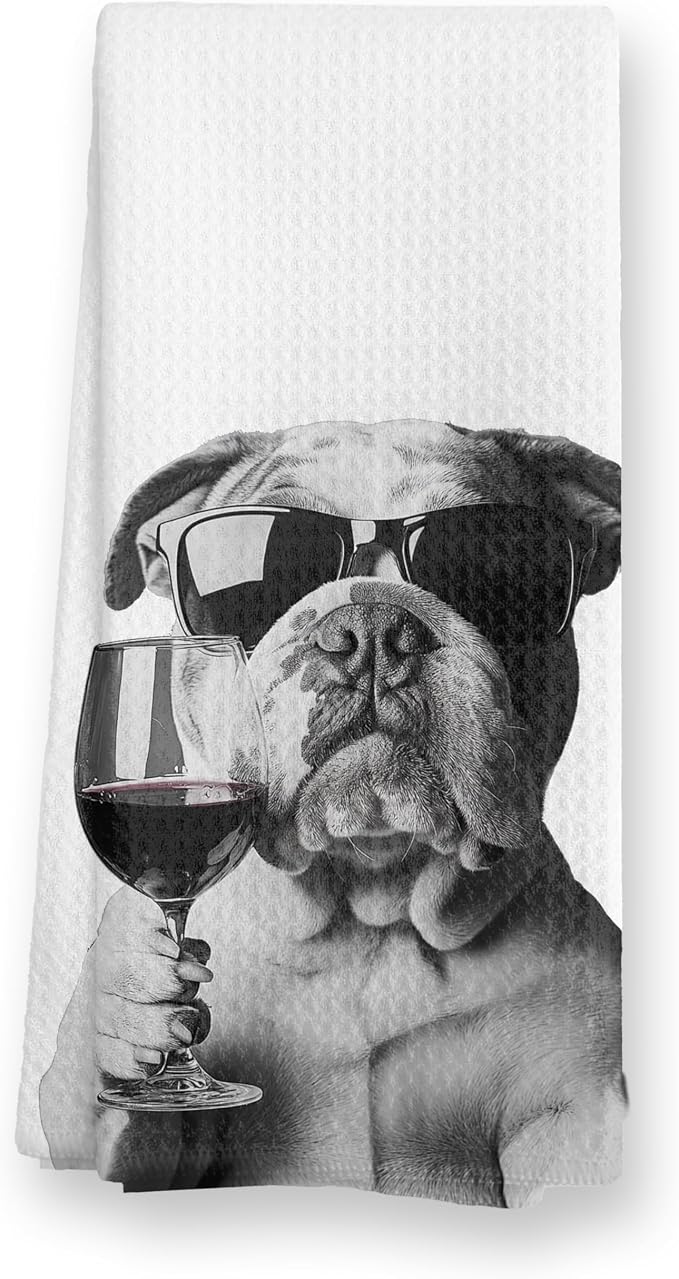 Funny English Bulldog Wine Kitchen Towels, English Bulldog Gifts by TopXmai