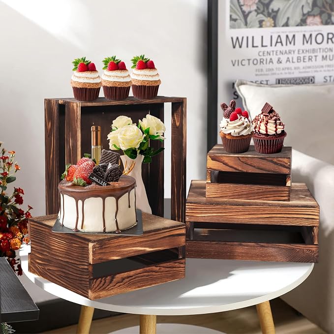 4 Pcs Buffet Risers with Mini Signs, Rustic Wood Cake Stands, Food Risers - Image 3