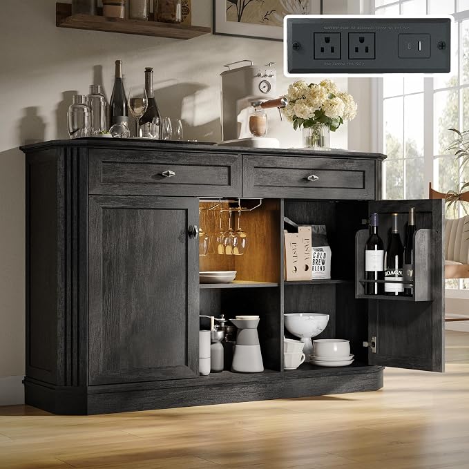 47" Wine Bar Cabinet with LED Light & Power Outlets, 2 Door Coffee Bar Cabinet by Unknown