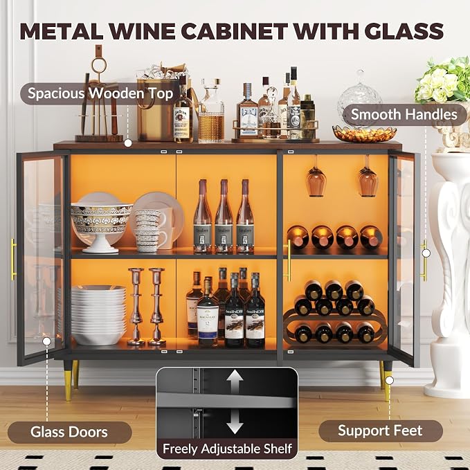 Wine Bar Cabinet with LED Lights, Metal Wood Home Coffee Bar Cabinet with Glass - Image 7