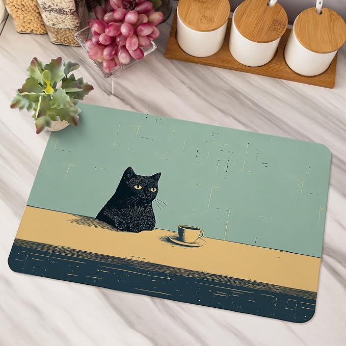 Black Cat Dish Drying Mat, Cat Lover Gifts, Vintage Cats Drinking Coffee Black - Image 5