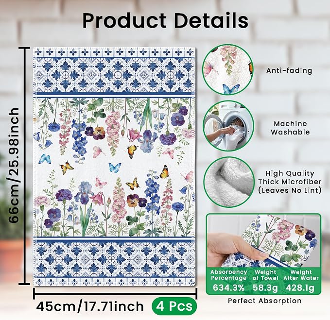 CUTHOLLOW Bohemian Blue Flowers Decorative Kitchen Towels Set of 4, - Image 2
