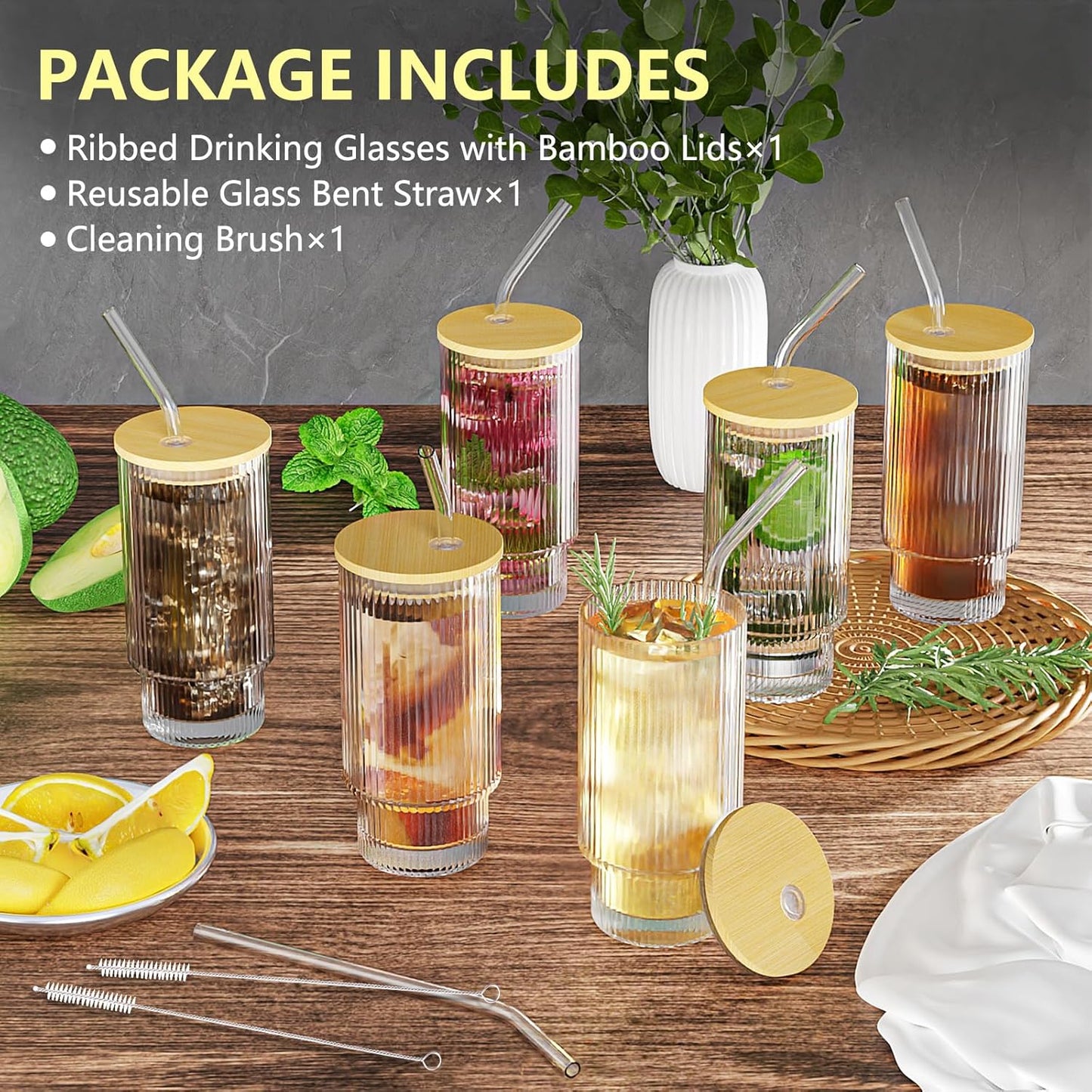 16 OZ Glass Cup with Lid and Straw, Vintage Ribbed Glassware for Whiskey Cocktail Beer, Iced Coffee Cups with Lid, Glass Tumbler with Straw and Lid (1 PACK)
