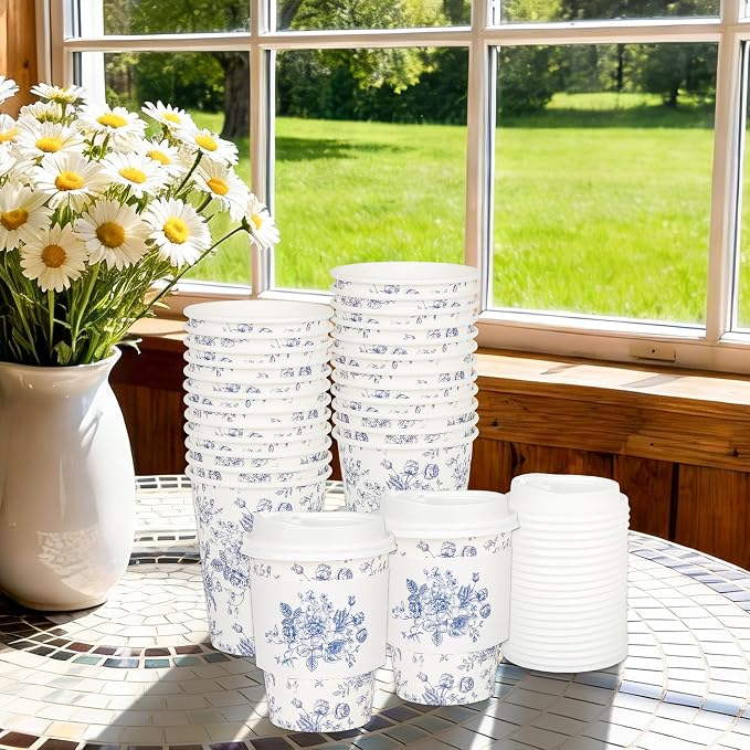 50Pcs Blue Floral Disposable Paper Coffee Cups - Image 6