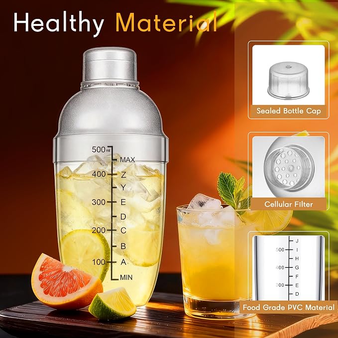 Plastic Cocktail Shaker with Measuring Scale 17oz, Leak-Proof & - Image 2