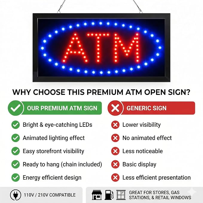 LED Neon ATM Open Sign with Animation – 19x10 Inch Bright Light Up Window Sign - Image 3