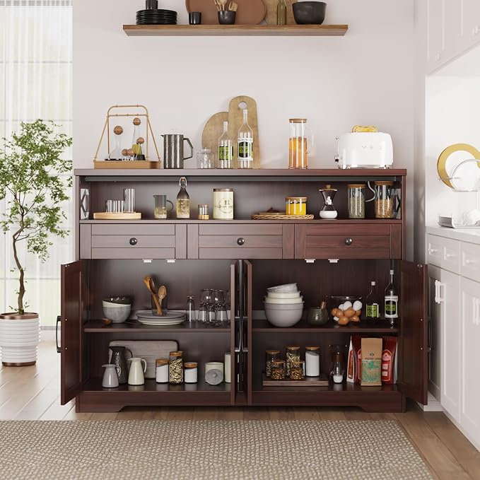 51" Dark Brown Buffet Sideboard Cabinet, Farmhouse Storage Cabinet Kitchen - Image 5