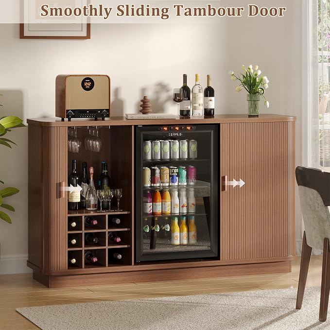 Coffee Bar Cabinet with Fridge Space, Liquor Wine Bar Cabinets with Wine Rack - Image 4