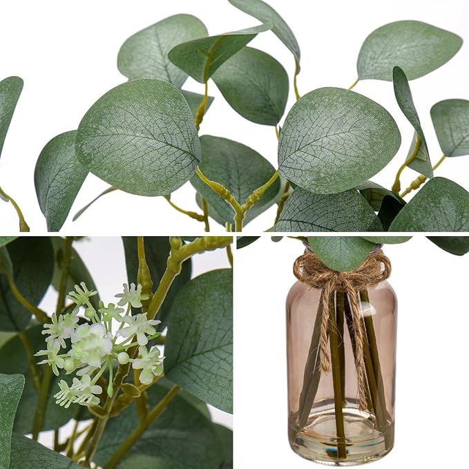 Briful Artificial Eucalyptus Stems in Teal Glass Vase - Image 5