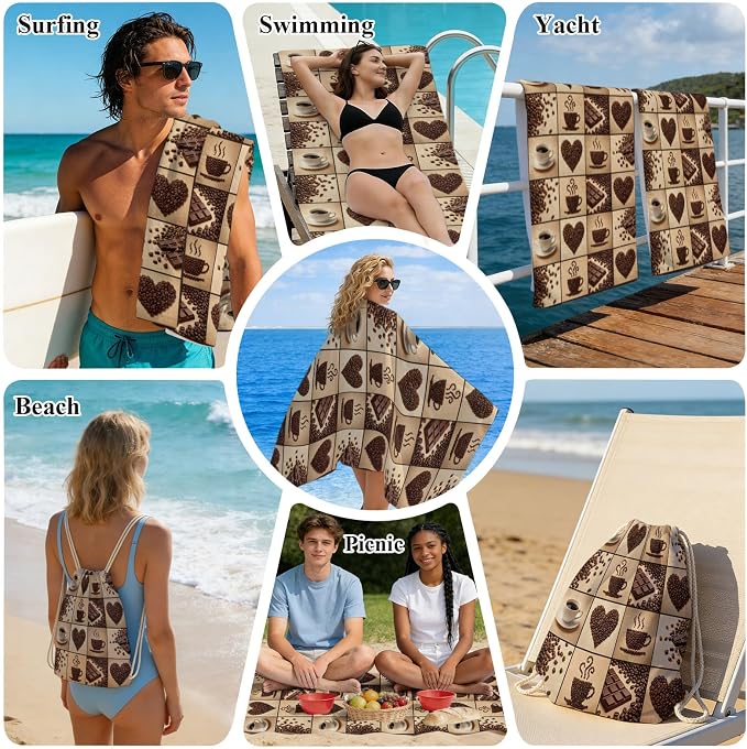 2-in-1 Beach Towel Backpack 31"x63", Heart Shape Coffee Beans Microfiber Bath - Image 5