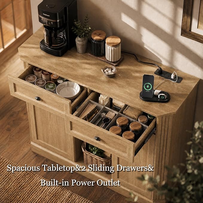 Natural Oak Coffee Bar with 2 Drawers & 2 Doors, LED Wine Bar Cabinet with Wine - Image 4