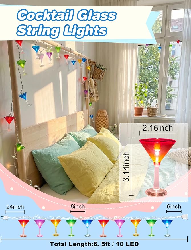 Cocktail Glass String Lights, 8.5Ft Tropical Beach Themed Wine Glass String - Image 2